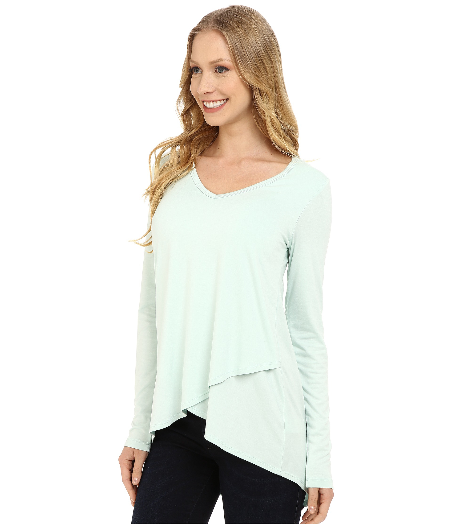 Lyst Karen Kane Long Sleeve Asymmetrical Hem Wrap Top in Green