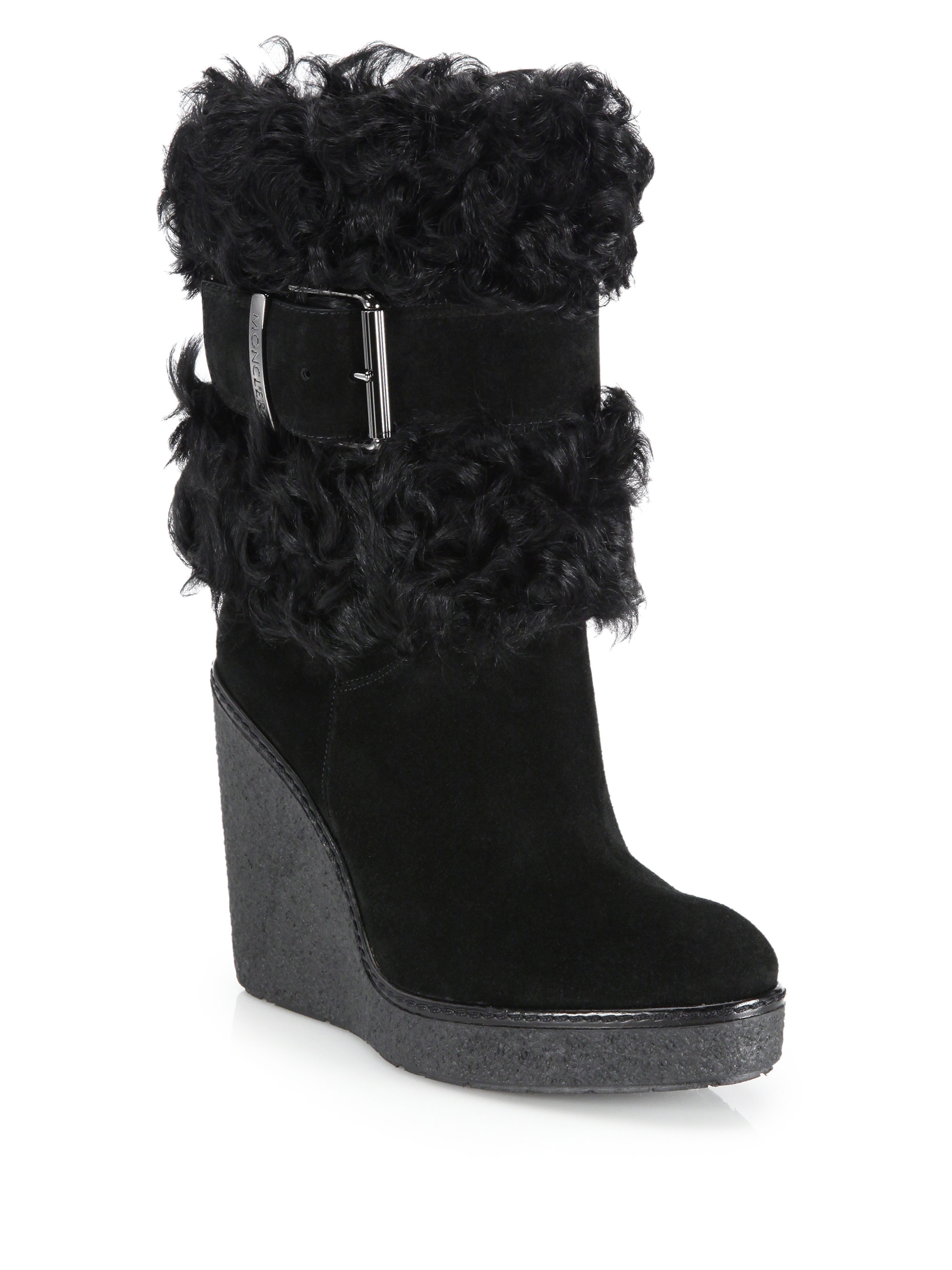 Moncler Marguerite Sheep Fur & Suede Buckled Boots in Black | Lyst