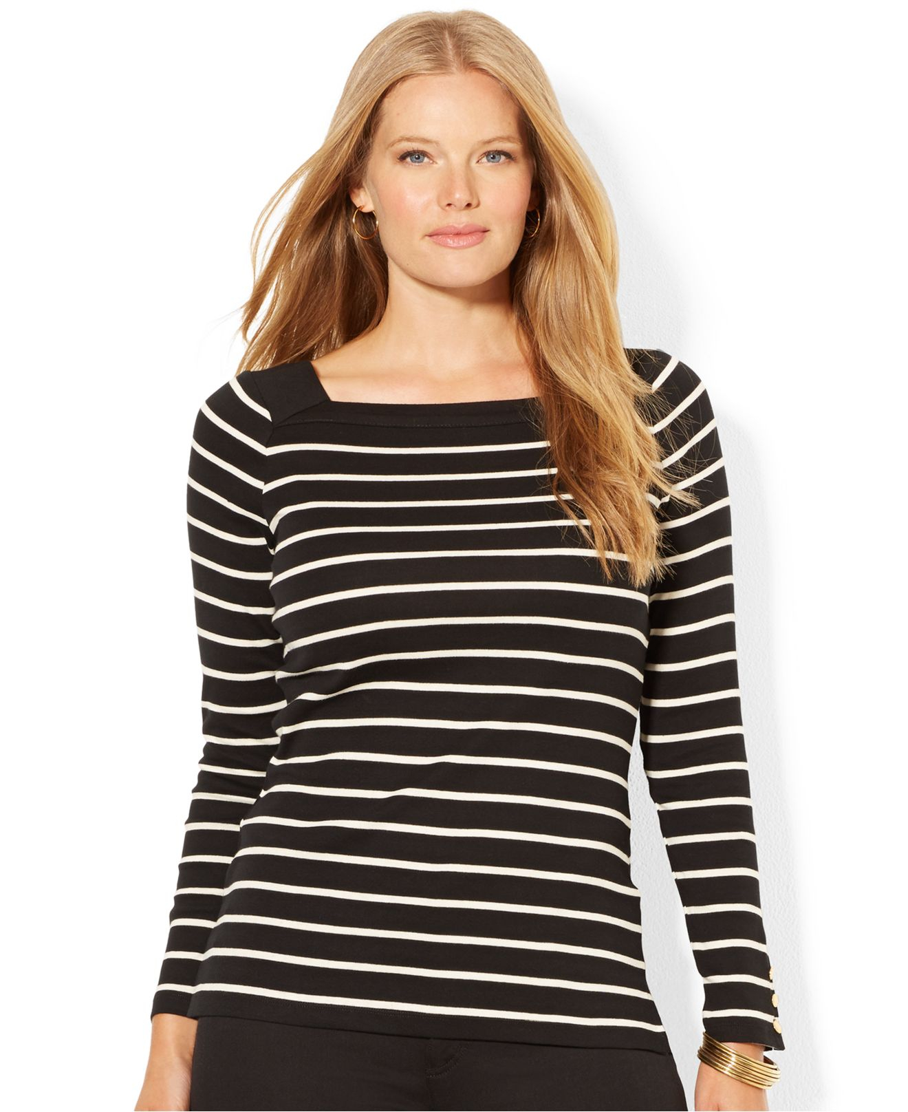 Lauren by ralph lauren Plus Size Squareneck Striped Top in Black