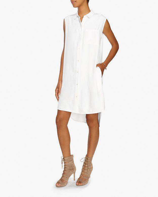white sleeveless button down dress