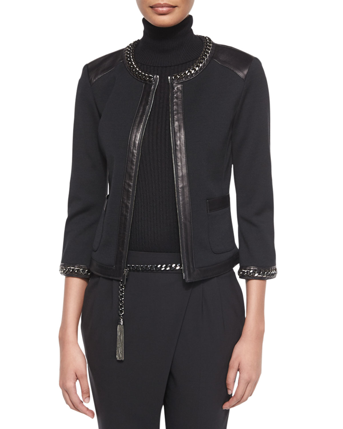 St. john Curb Chain & Leather Trimmed Jacket in Black Lyst