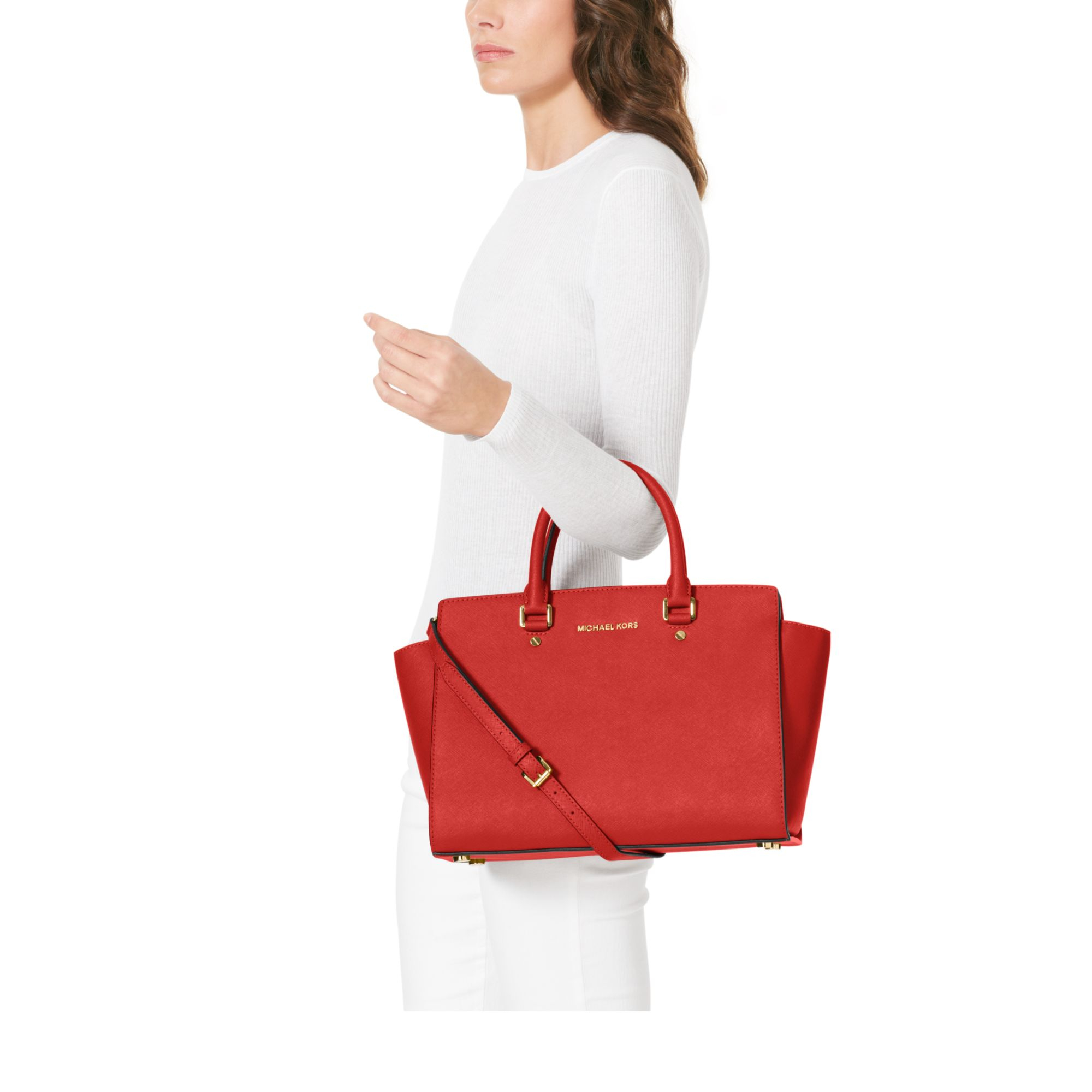 Michael Kors Selma Large Saffiano Leather Satchel in Red - Lyst