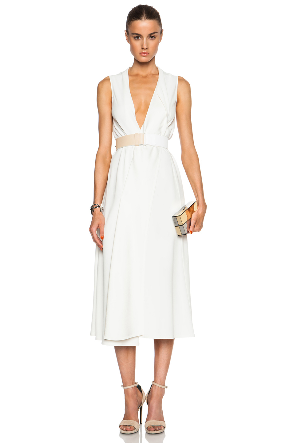 white v neck midi dress