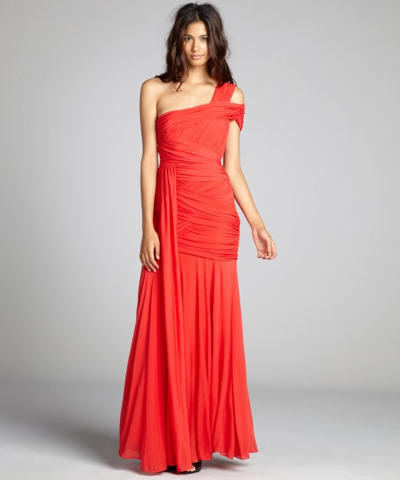 Halston Heritage Vermillion Draped and Ruched One Shoulder Stretch Jersey Knit Gown in Orange 