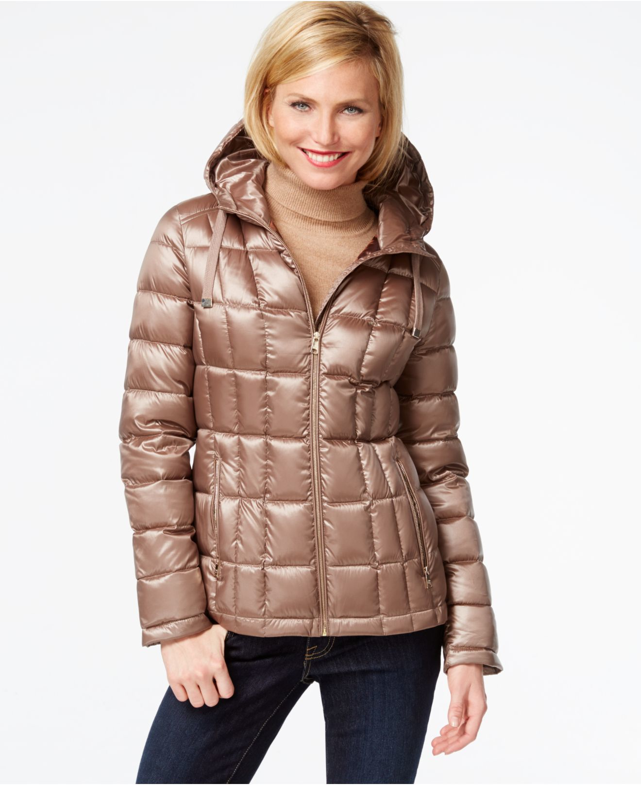 Calvin klein Petite Packable Hooded Puffer Jacket in Brown (Shine Taupe ...