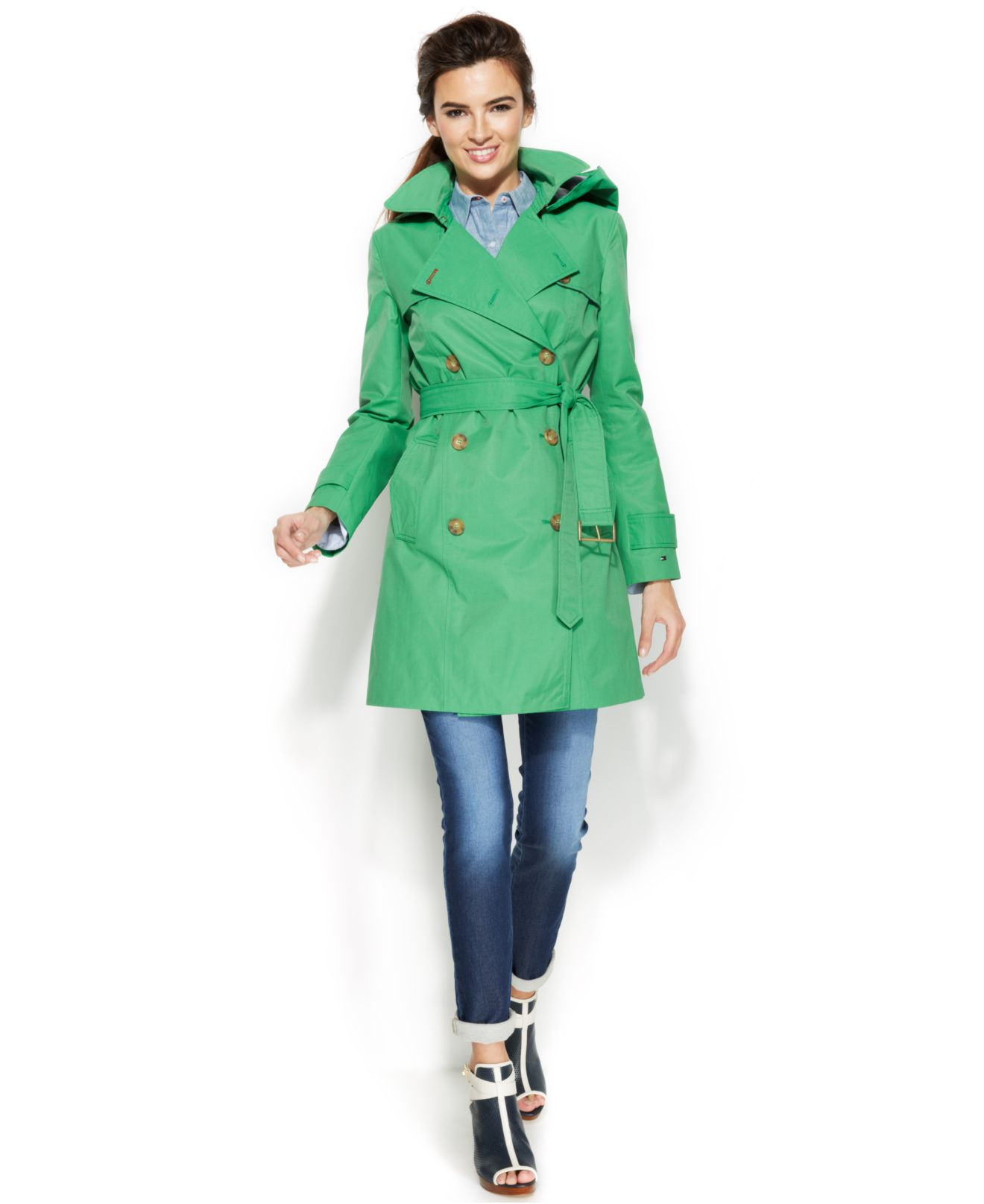 Tommy Hilfiger Petite Hooded Double-Breasted Belted Trench Coat in Green |  Lyst