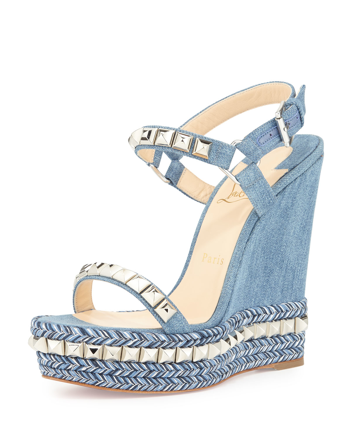 louboutin fake shoes - Christian louboutin Cataclou Denim 140mm Wedge Red Sole Sandal in ...
