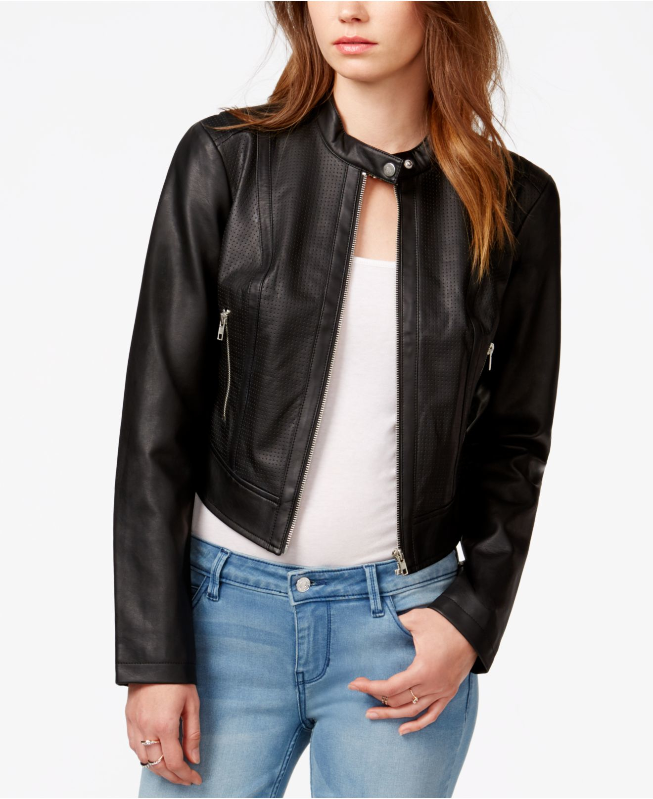 Guess Natalie Perforated Faux Leather Moto Jacket In Black Lyst Gallery
