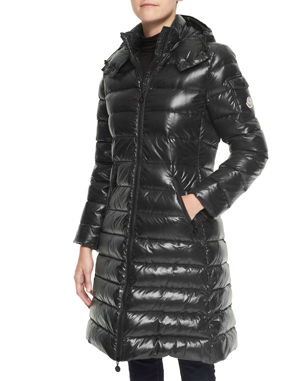 Moncler Moka Shiny Fitted Puffer Coat With Hood in Black | Lyst