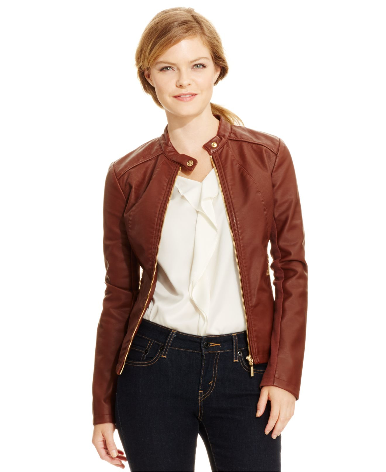 Ivanka trump Faux-leather Moto Jacket in Brown (Luggage) - Save 25% | Lyst