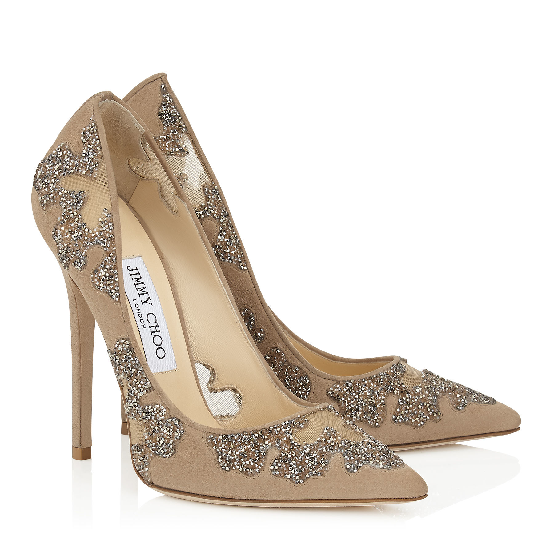 Jimmy Choo Karmel 120 Nude Suede And Mesh With Crystal Rocks Pointy Toe  Pumps in Natural | Lyst