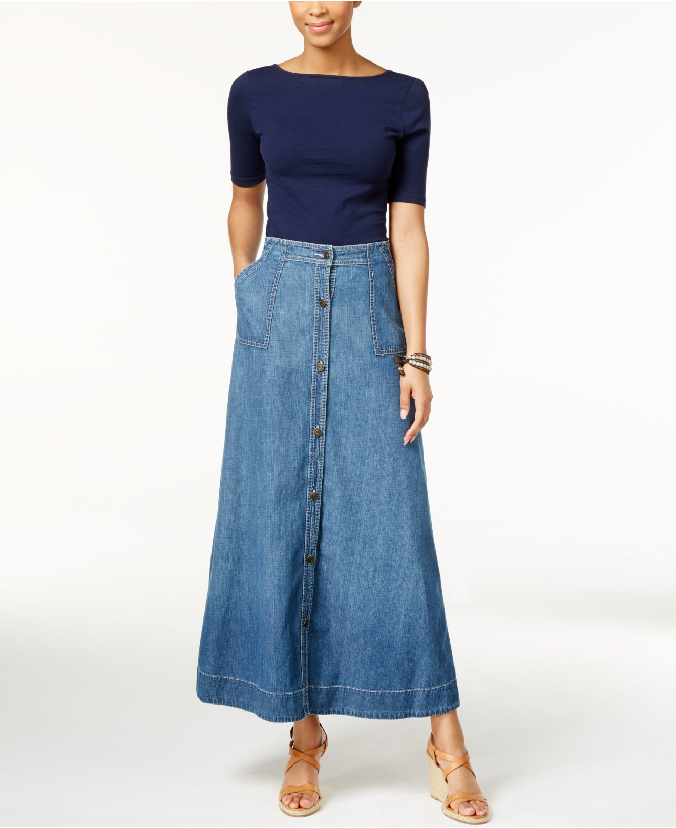 Lyst - American Living Button Front Denim Maxi Skirt in Blue