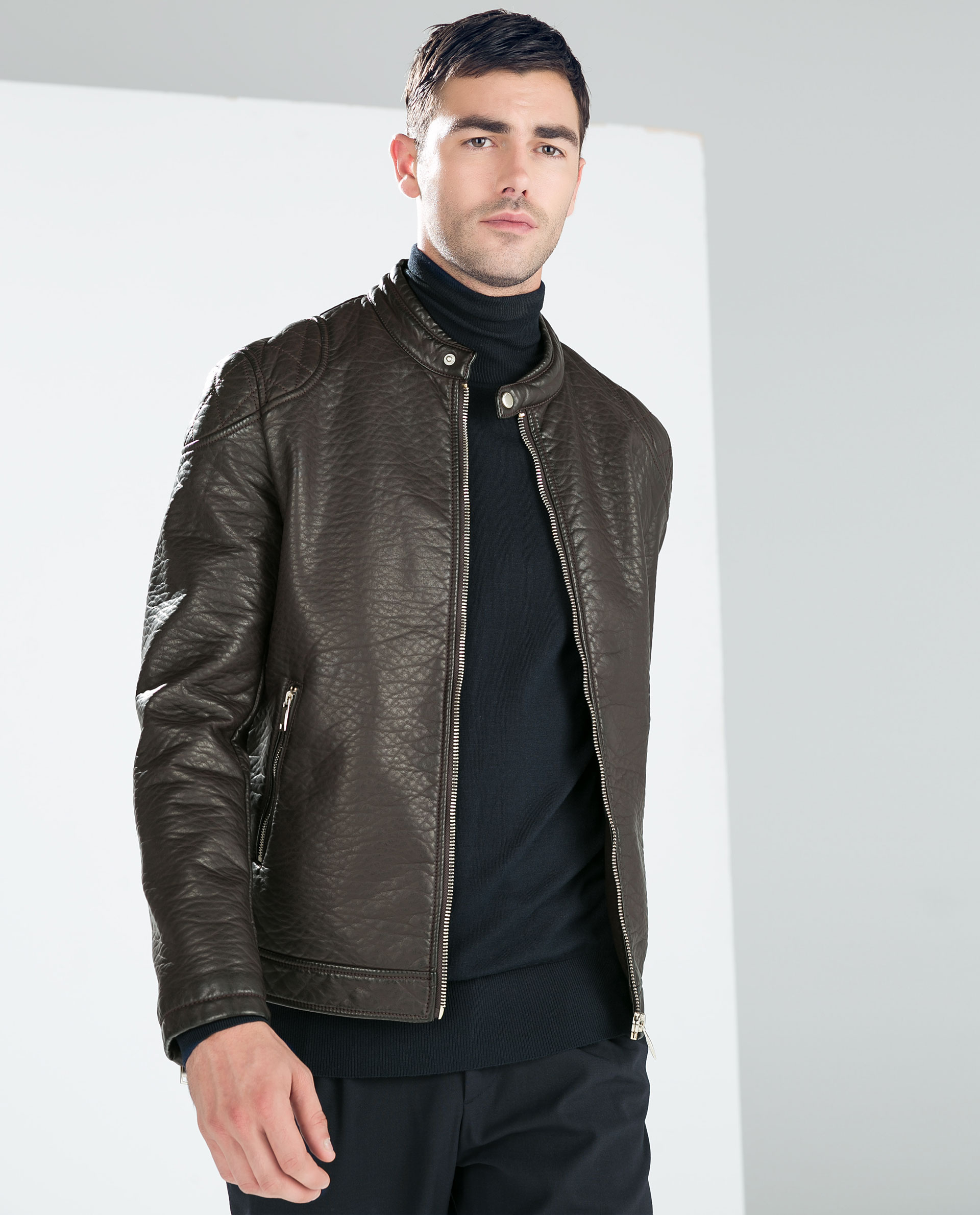 Zara Faux Leather Jacket With Padded Shoulder In Brown For Men Lyst Gallery
