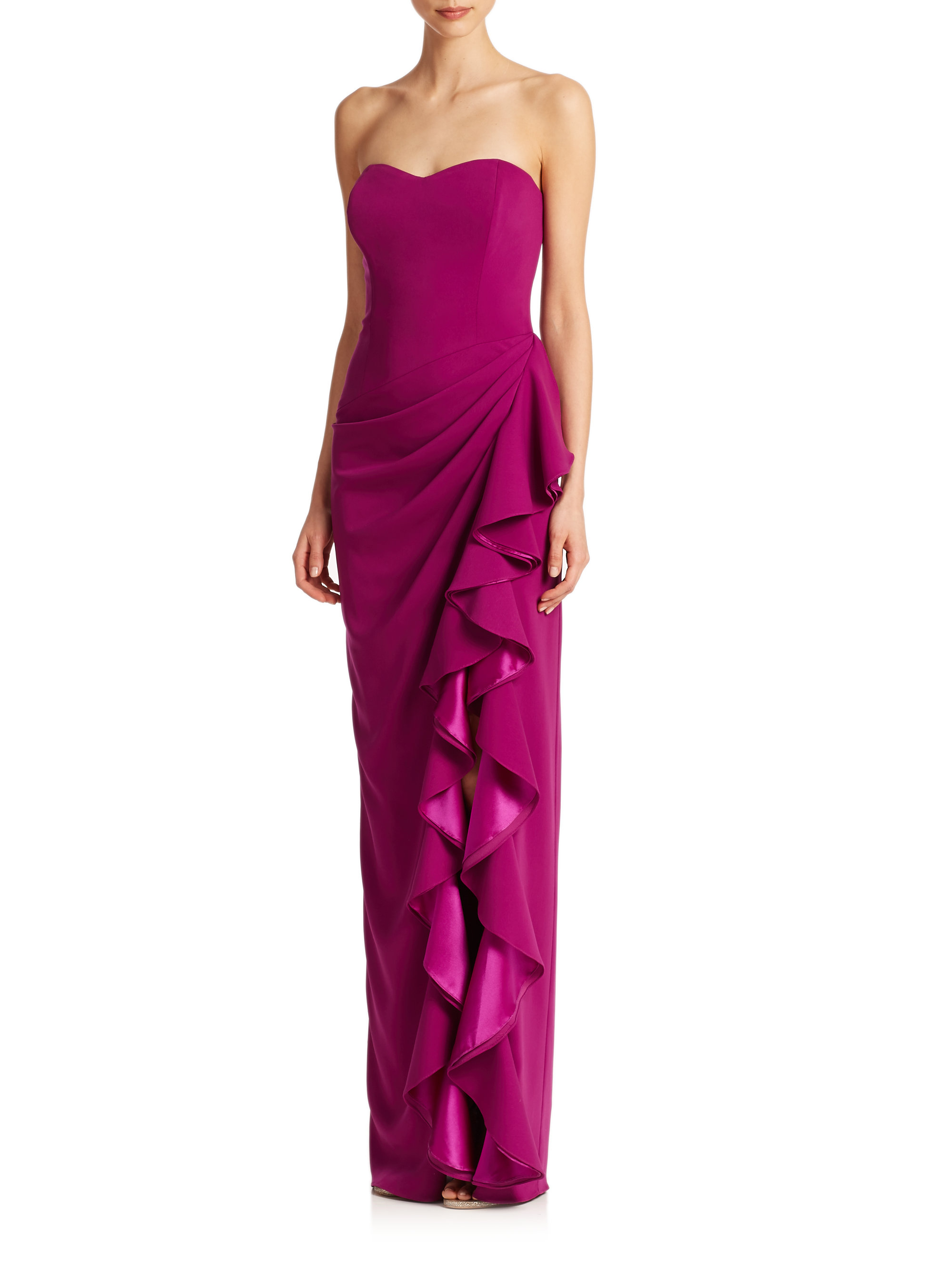 Badgley Mischka Synthetic Strapless Ruffled Gown in Purple - Lyst
