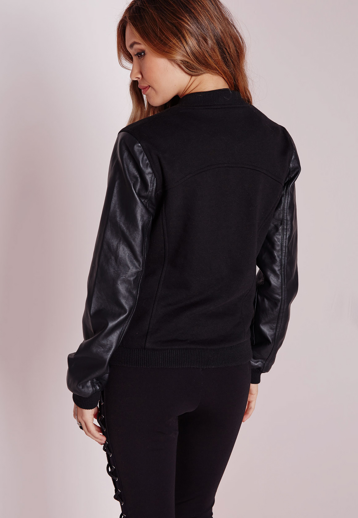 Lyst Missguided Faux Leather Sleeve Er Jacket Black In Gallery