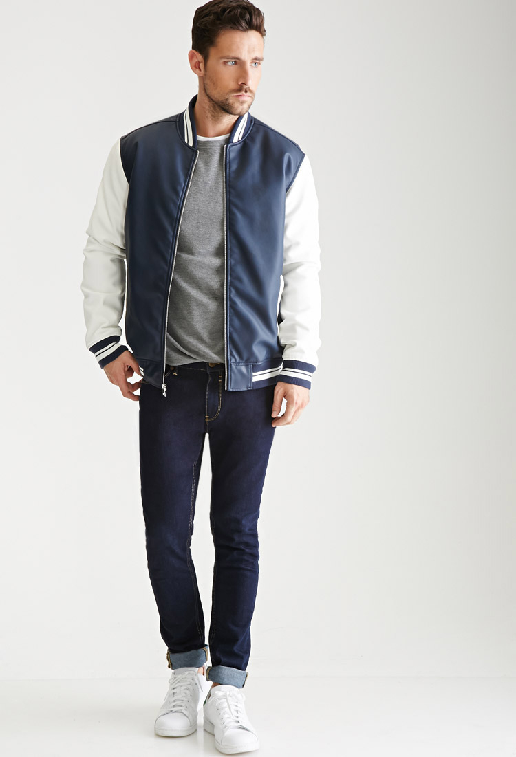 Forever 21 Blue Colorblocked Faux Leather Varsity Jacket For Men