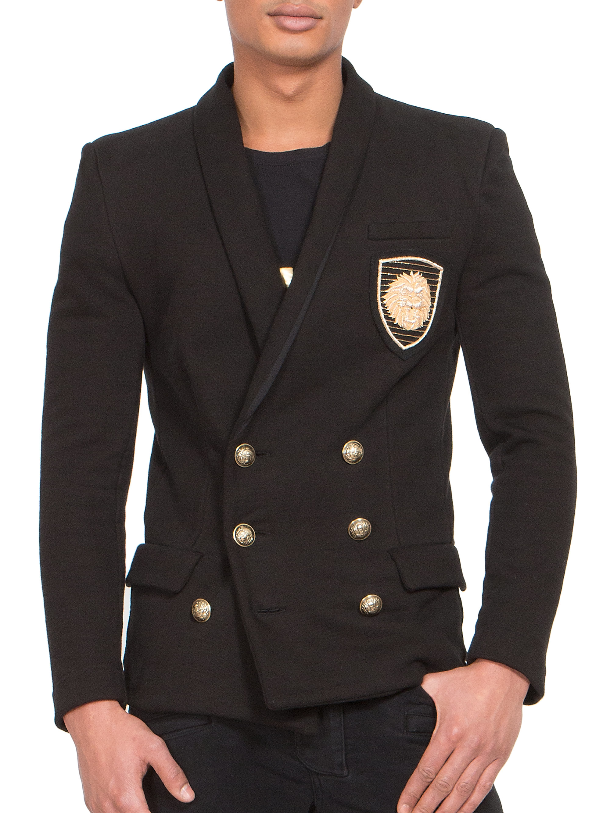 Balmain Double-breasted Jersey Blazer in Black for Men | Lyst