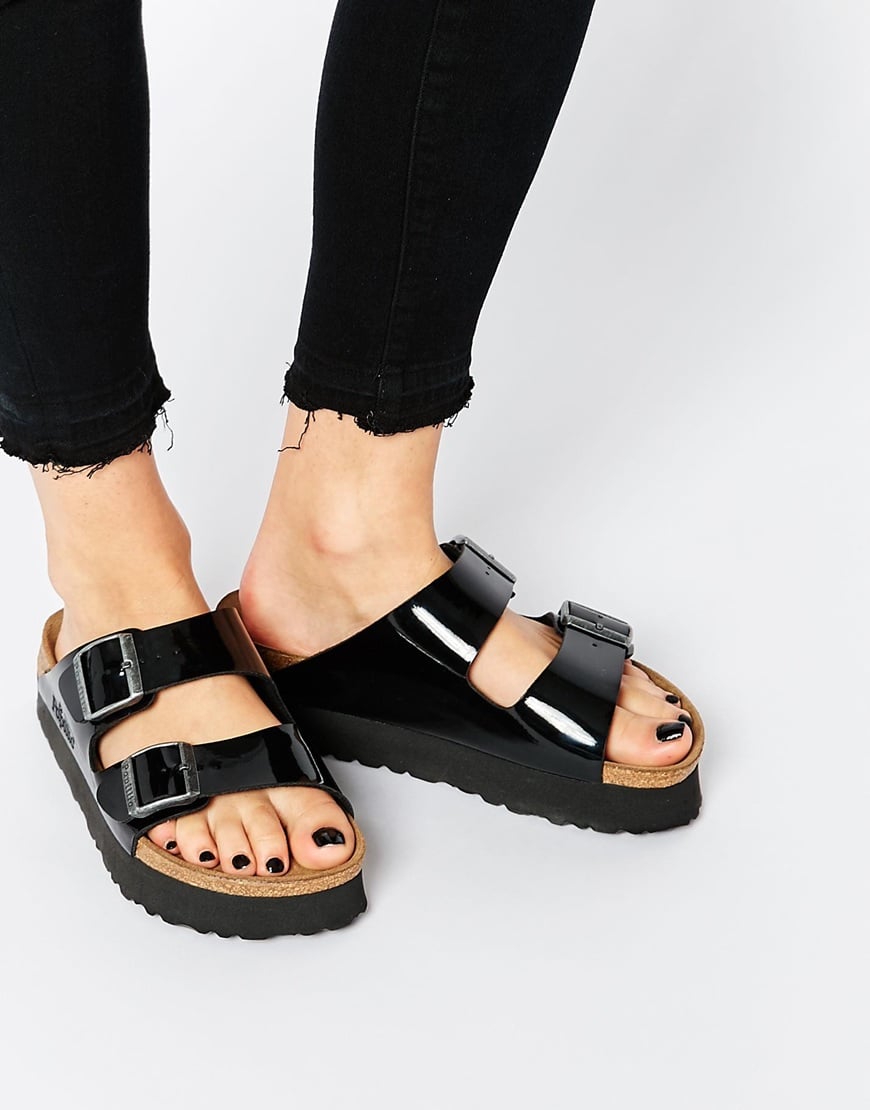 Birkenstock Arizona Platform Patent Black Slider Flat Sandals | Lyst