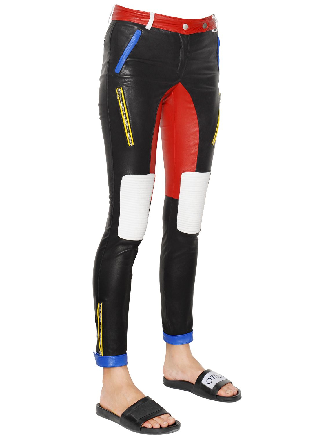 color block leather pants