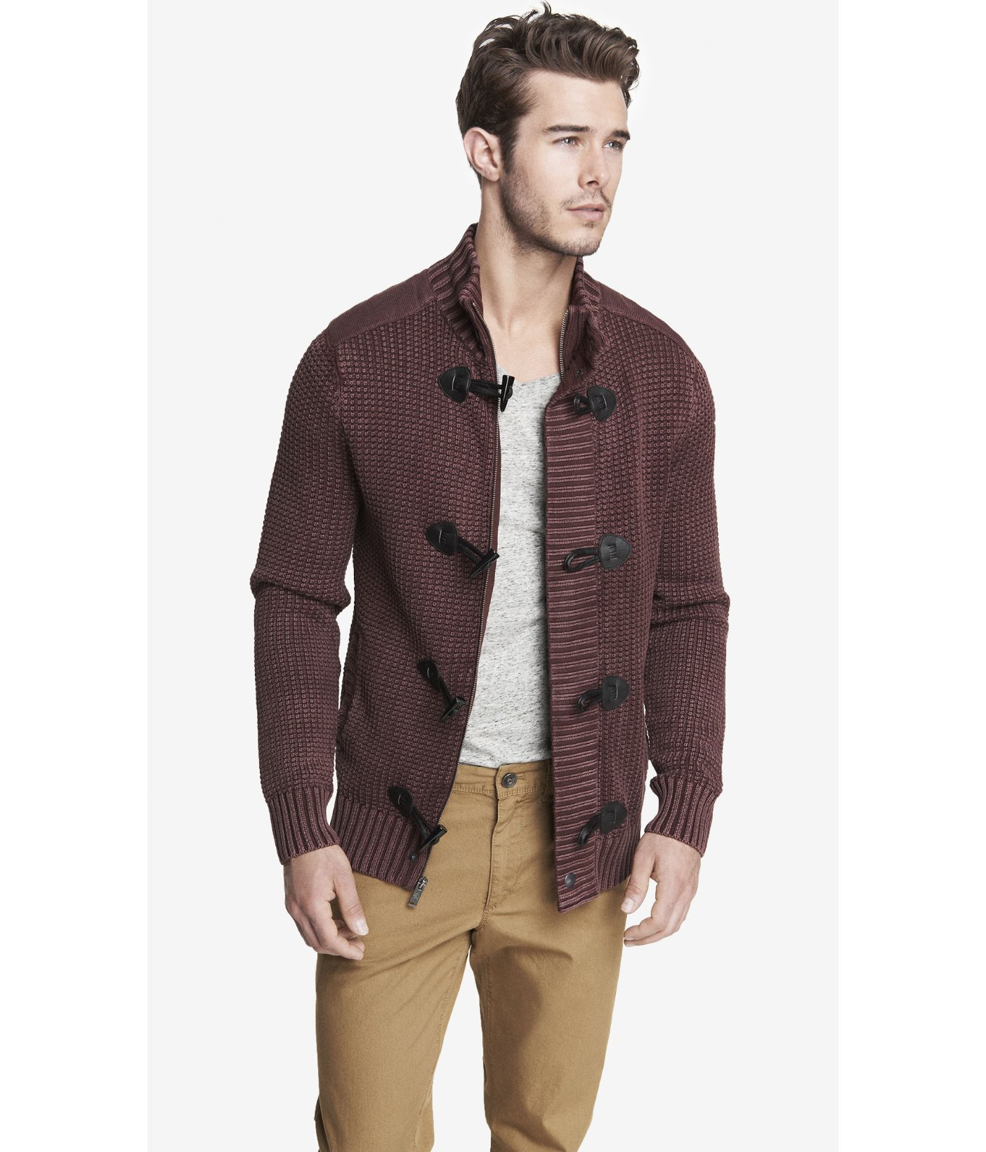 Download Express Acid Wash Mock Neck Toggle Front Cardigan in Brown ...