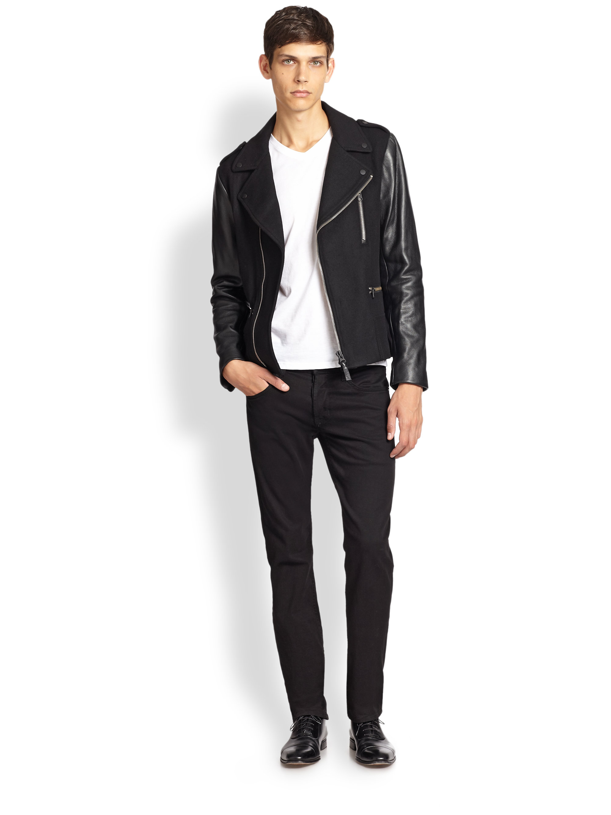 Lyst Mackage Leather Sleeve Wool Biker Jacket In Black For Men Gallery