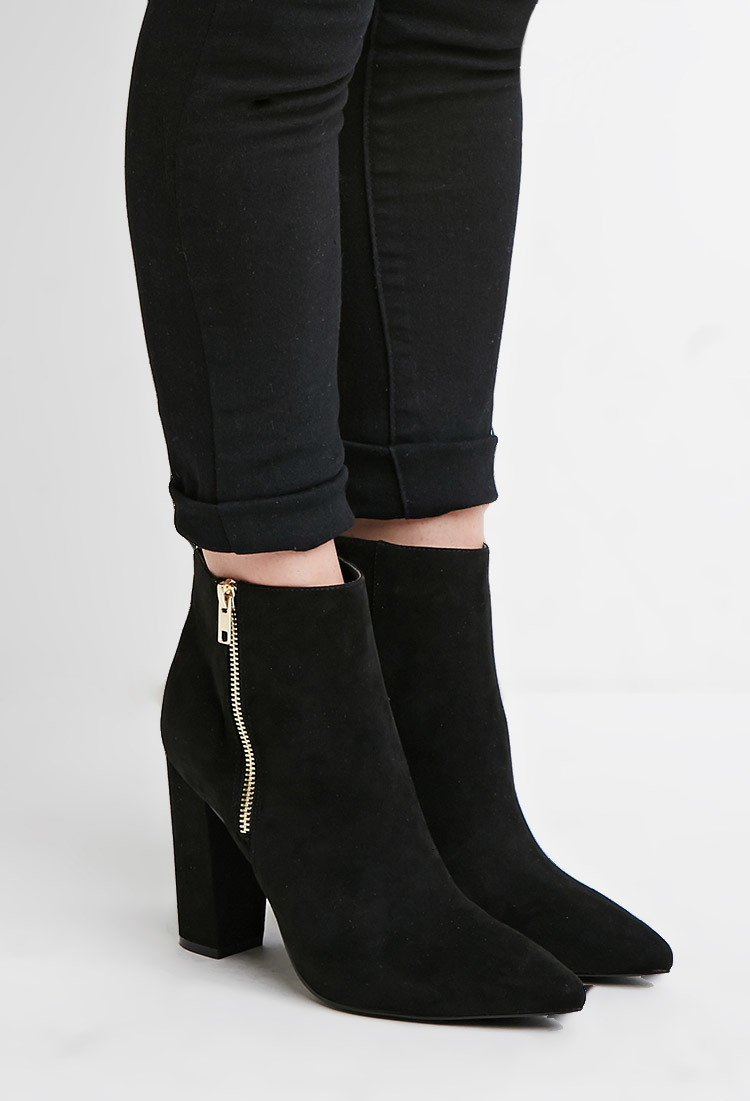 Cotton Pointed Zip-up Booties in Black 