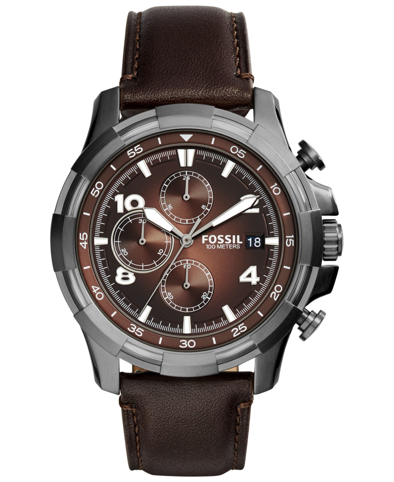 Fossil Men's Chronograph Dean Dark Brown Leather Strap Watch 45mm