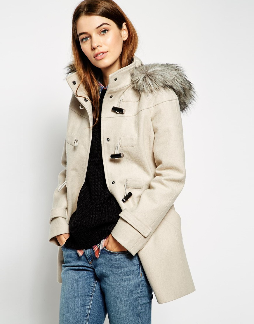 ASOS Duffle Coat With Clean Detail Faux Fur Hood in Stone (Gray) - Lyst