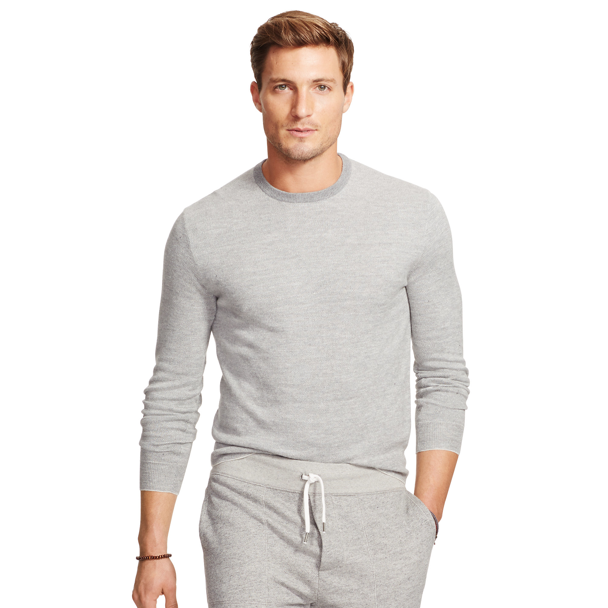 crewneck sweatshirt with collared shirt underneath