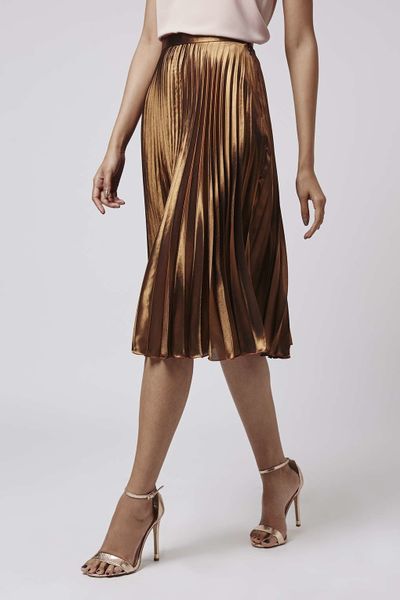 Topshop Foil Pleated Midi Skirt in Gold (BRONZE) | Lyst