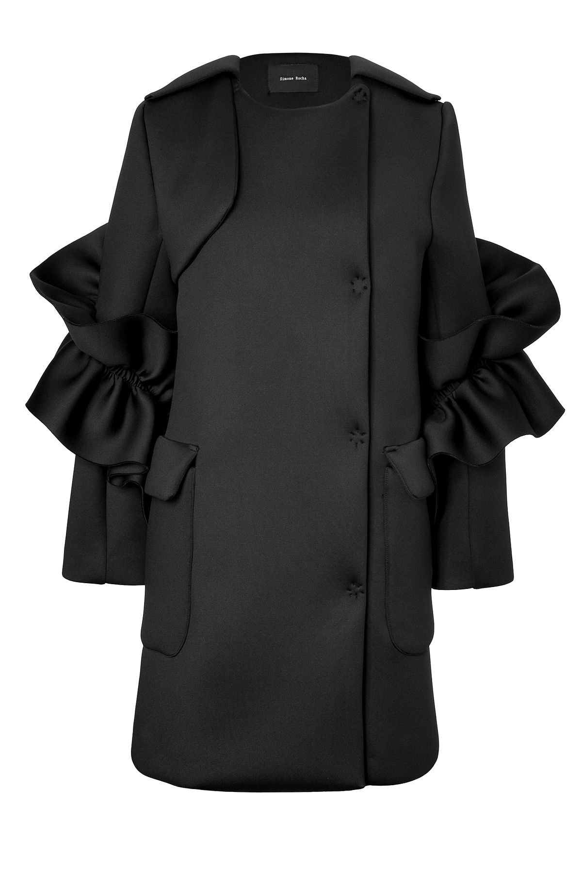 Simone rocha Collarless Coat With Ruffle Sleeves in Black | Lyst