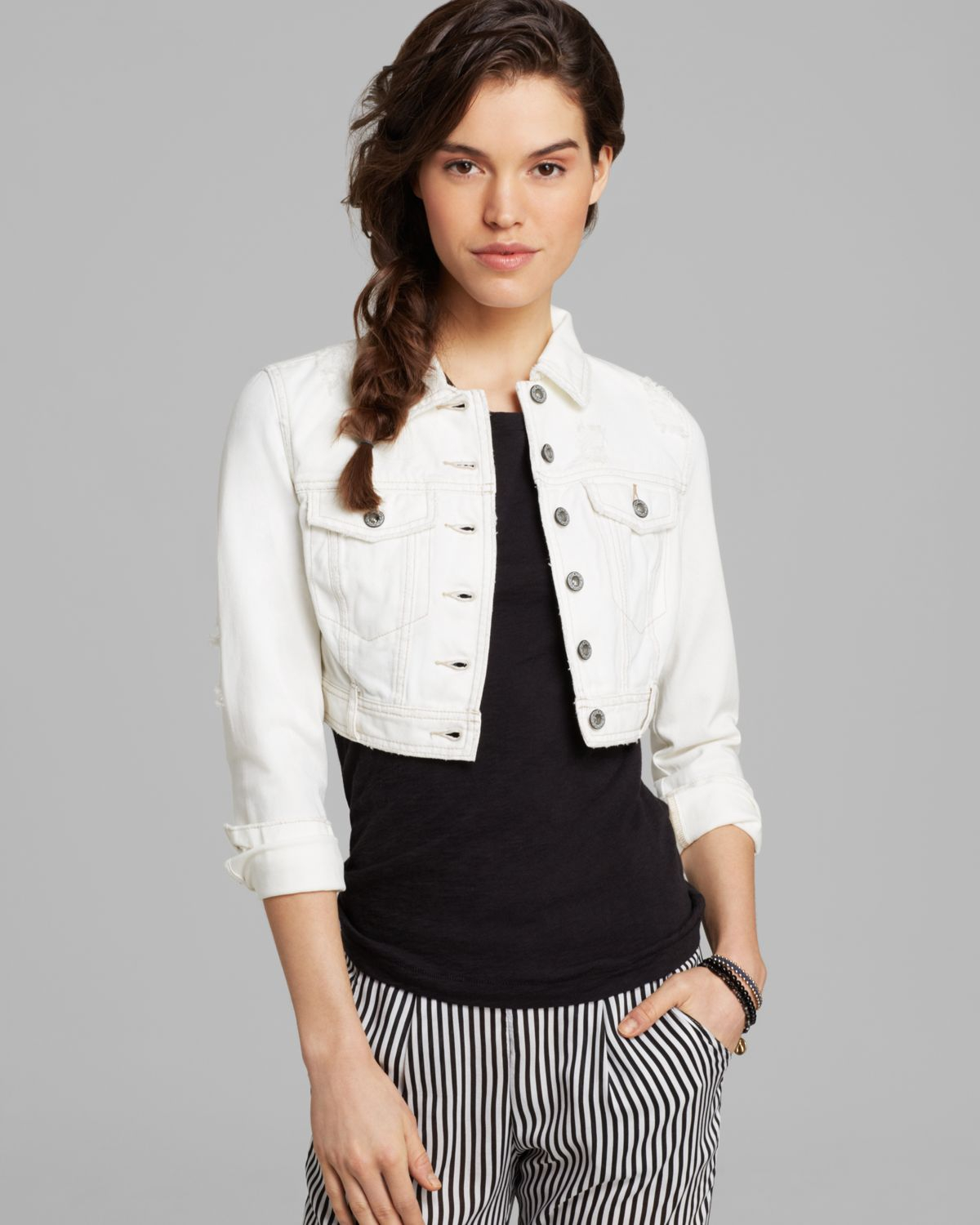 Free People Jacket Cropped Denim in White | Lyst