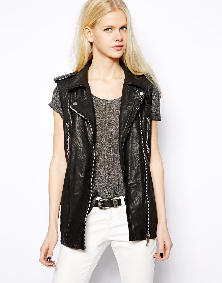 Lyst Mango Leather Biker Sleeveless Jacket in Black