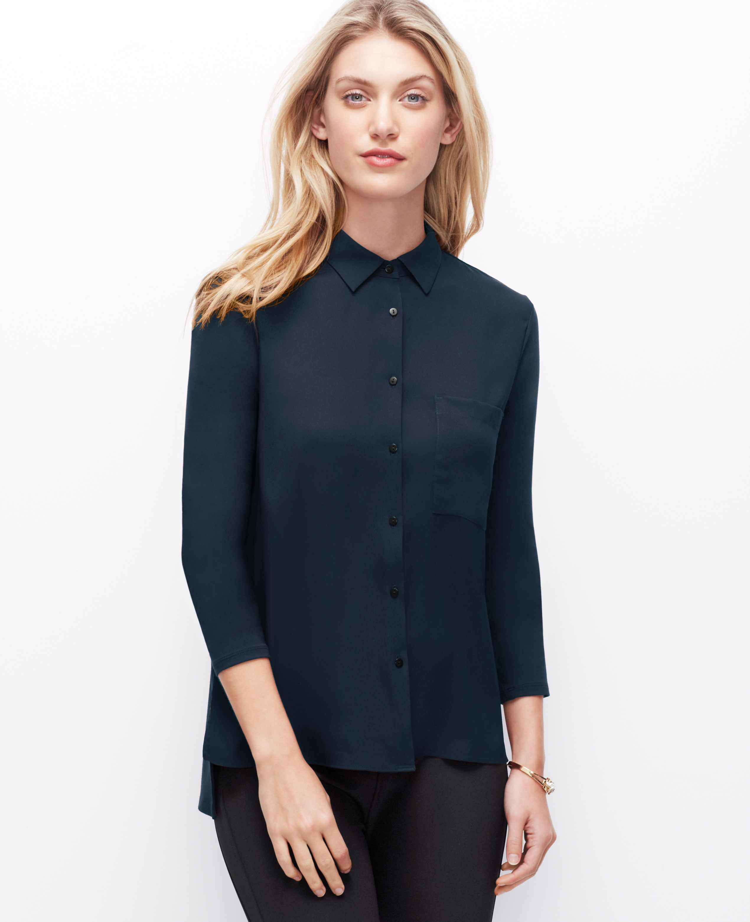 Ann taylor Petite Woven Front Button Down Shirt in Blue (Dark Sky) Lyst