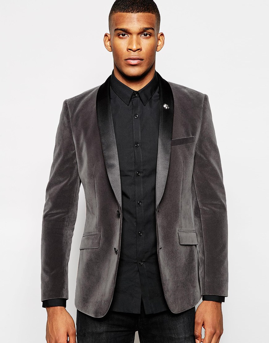 ASOS Skinny Blazer In Velvet in Gray for Men | Lyst