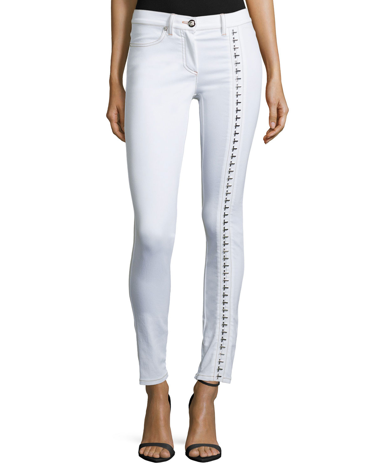 Versace Embellished Skinny Ankle Jeans in White | Lyst