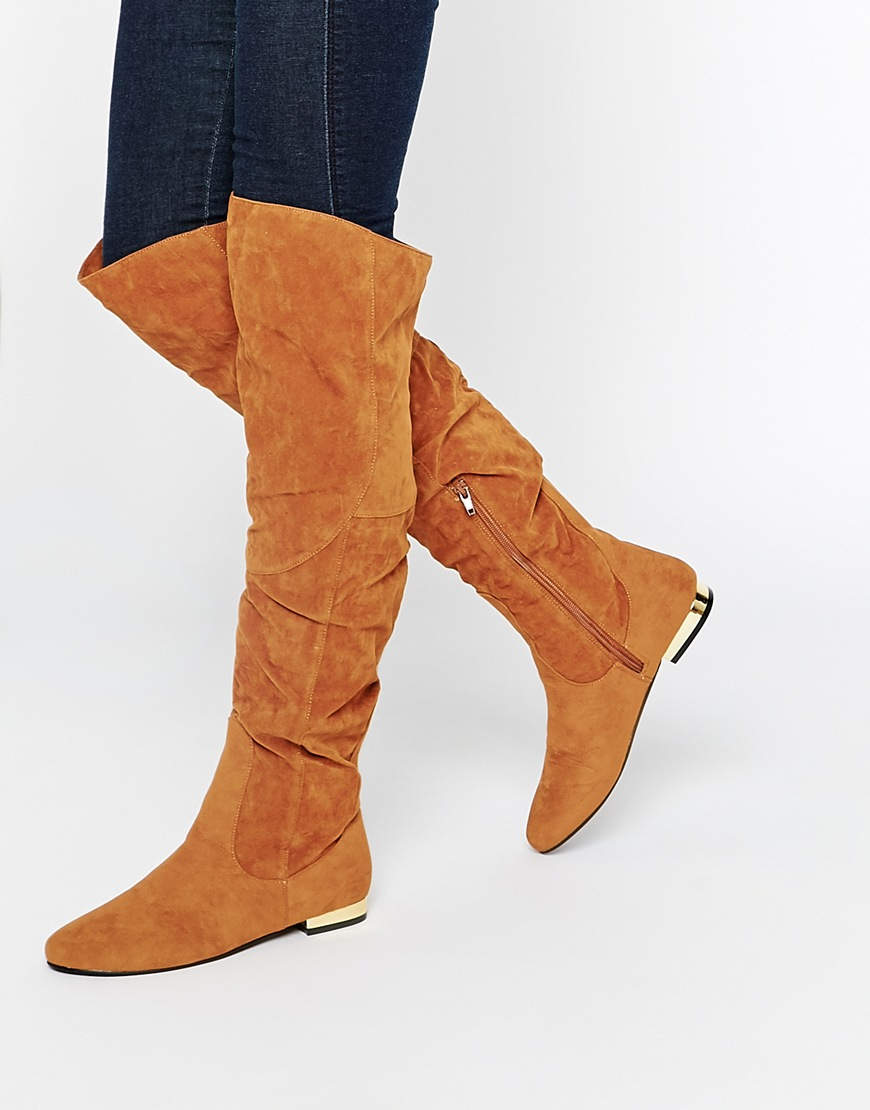 tan flat knee high boots