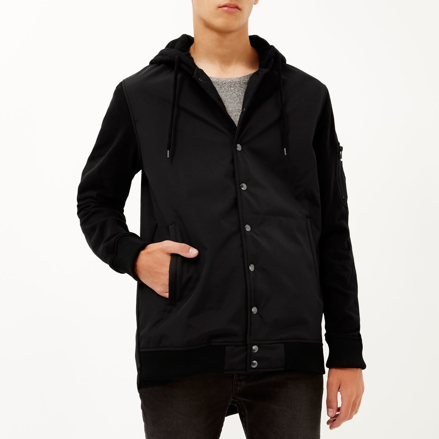 River island Black Hoodie Bomber Jacket in Black for Men Lyst