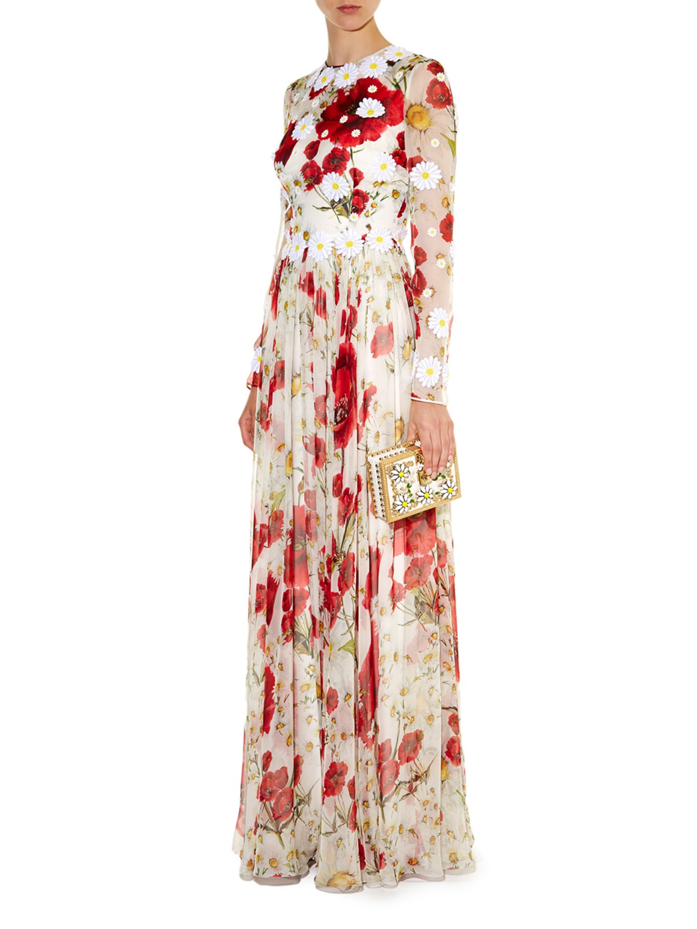 Dolce & Gabbana Daisy-appliqué Poppy-print Silk-chiffon Gown in White | Lyst