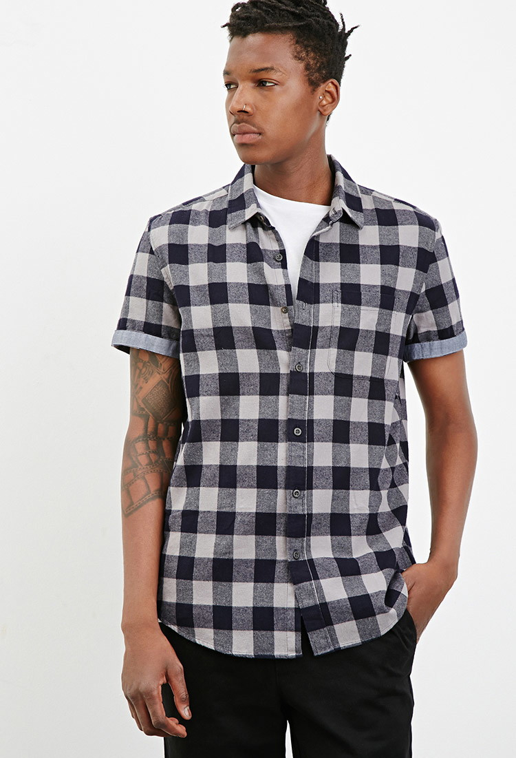21men Chambray-trimmed Buffalo Plaid Shirt in Blue for Men (Grey/navy ...