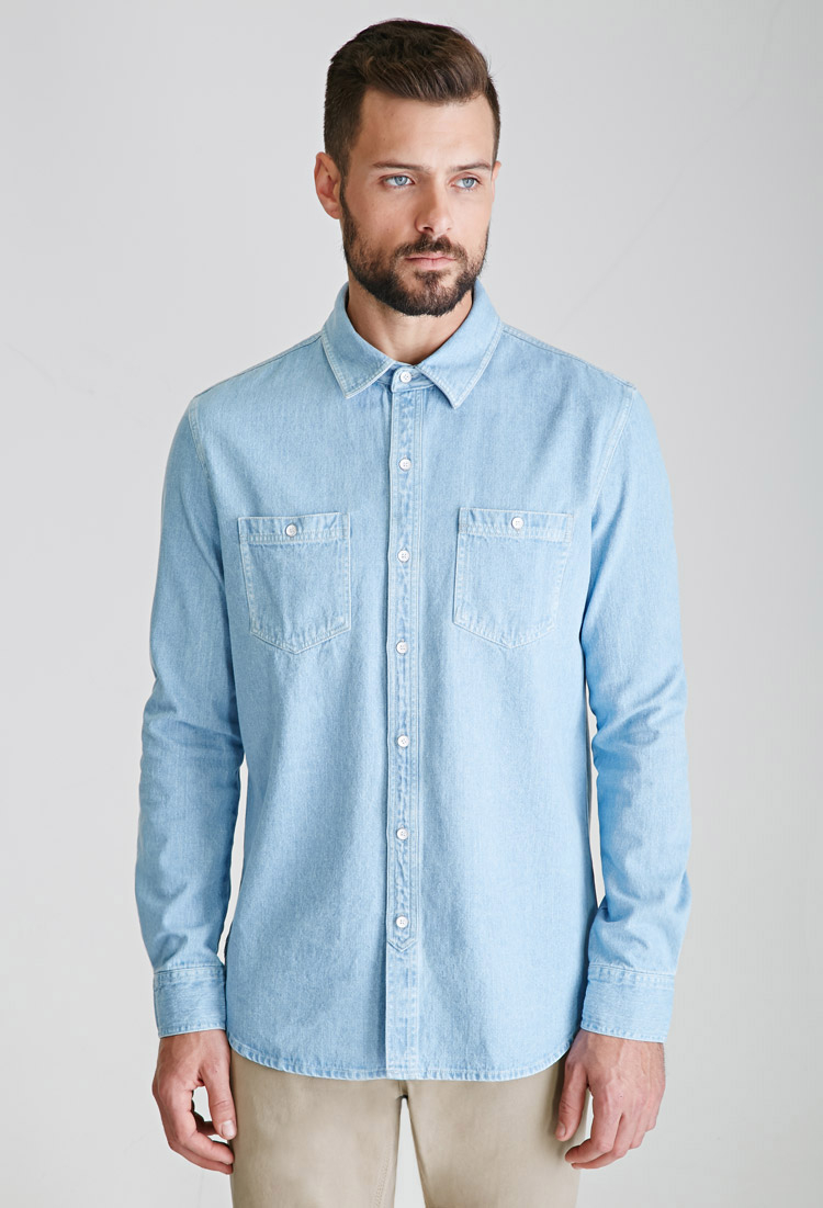 Forever 21 Denim Button-down Shirt in Blue for Men | Lyst