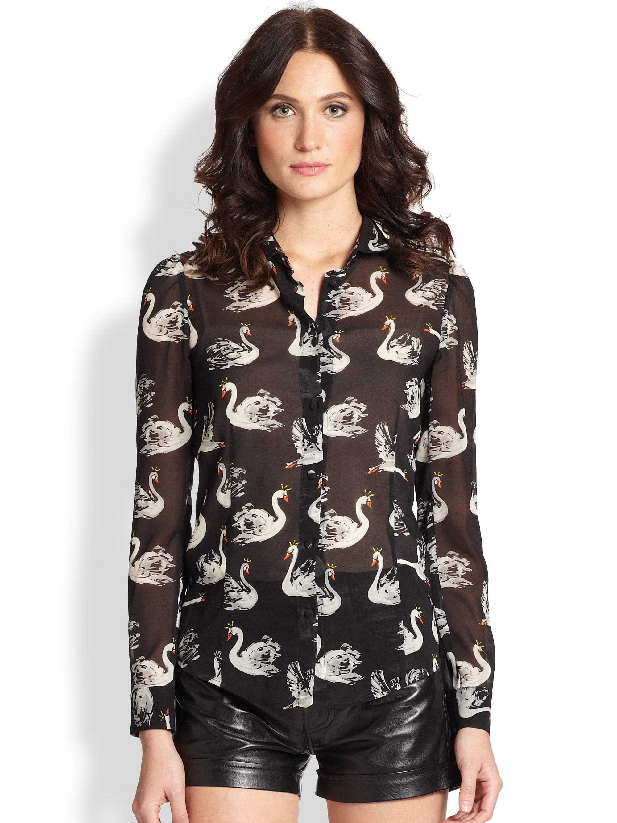 klud Skøn Marco Polo RED Valentino Silk Swan-Print Blouse in Black - Lyst