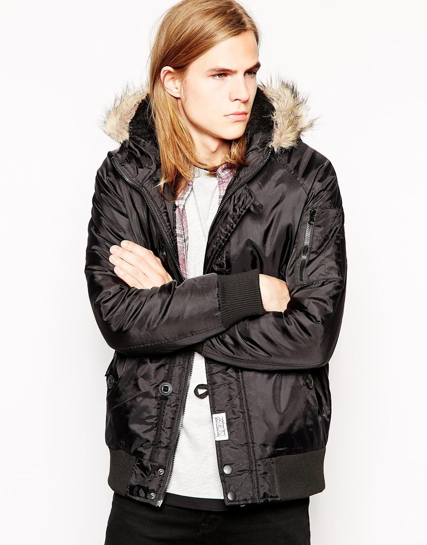 D-Struct Bomber Jacket With Faux Fur Hood in Black for Men ...