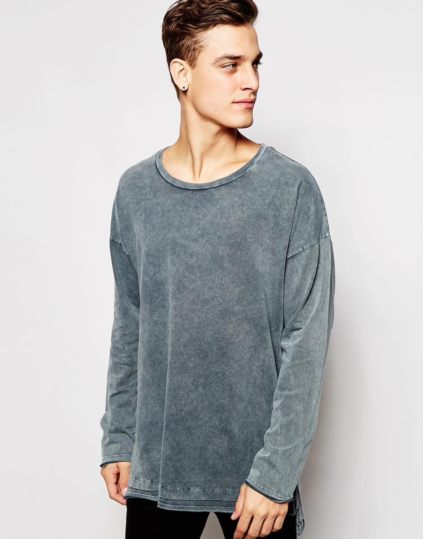 Lyst - Asos Oversized Long Sleeve T-shirt With Stepped Hem And Acid Wash in Gray for Men