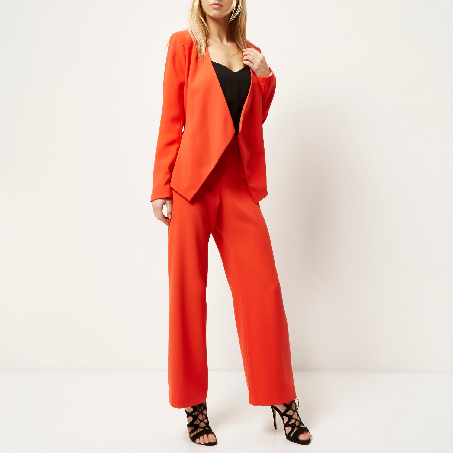 red wide leg trouser suit