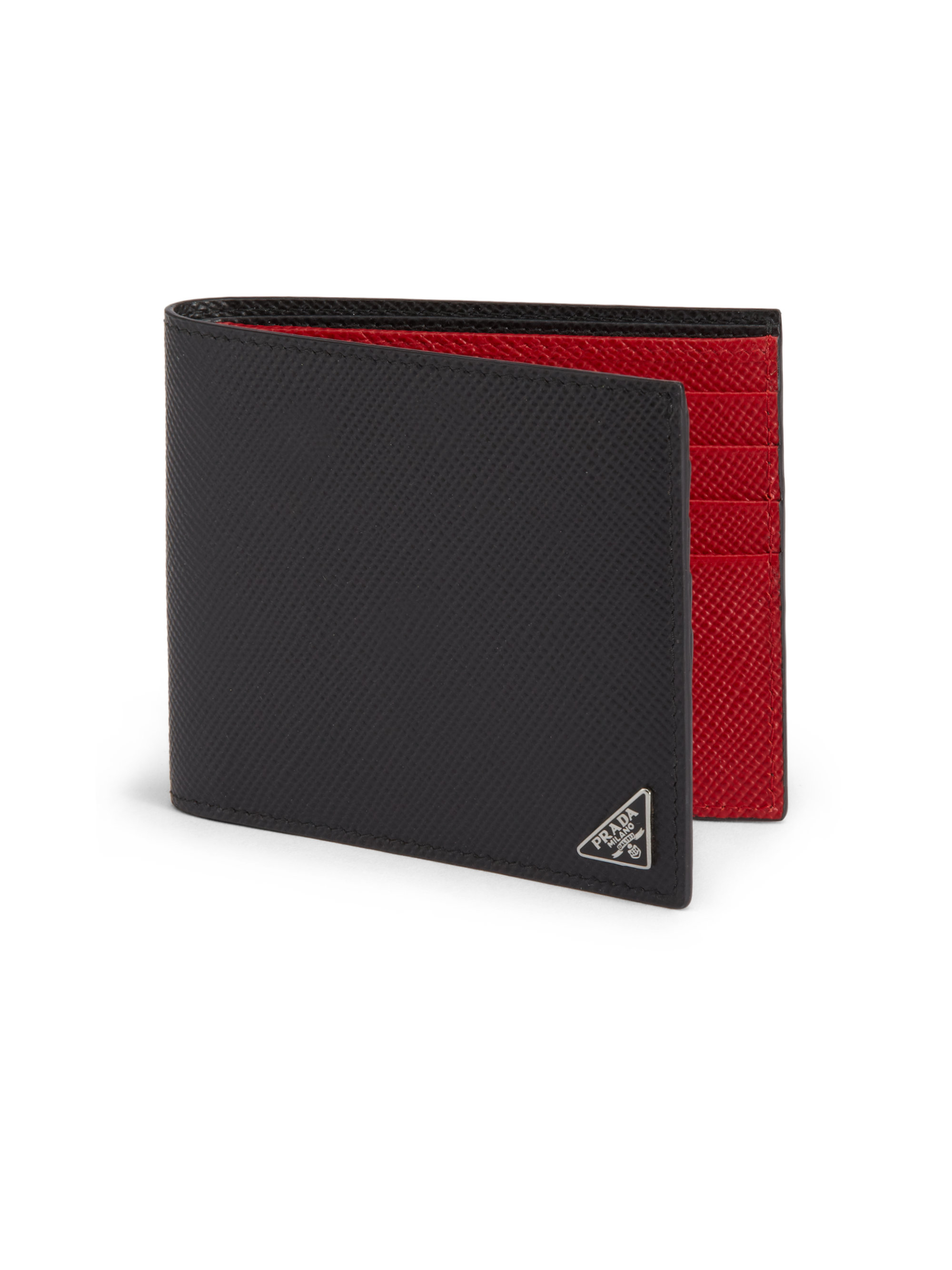Prada Saffiano Cuir Billfold Wallet in Red for Men (black-red) | Lyst