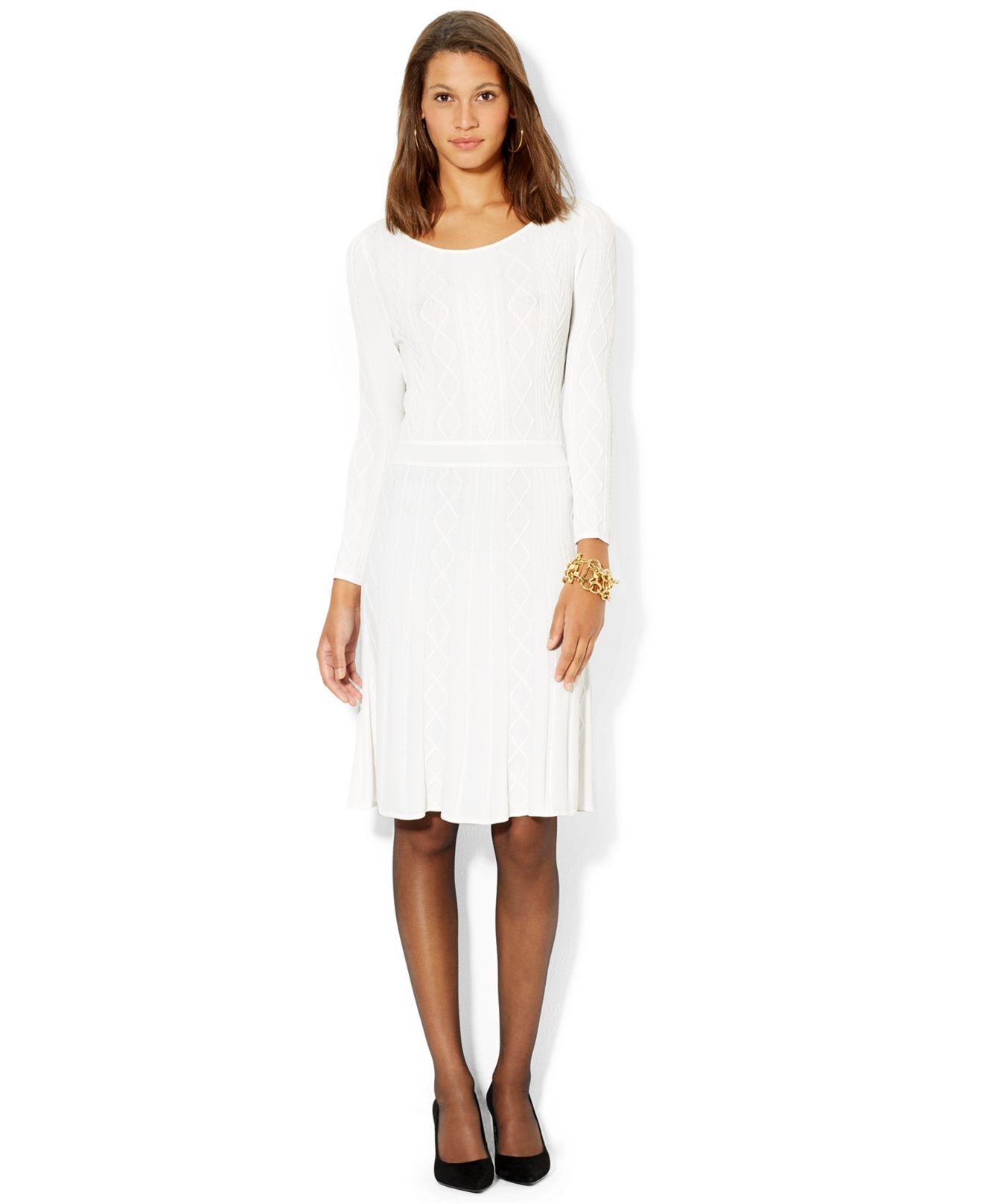 Lauren by Ralph Lauren Long-Sleeve Cable-Knit Sweater Dress in White - Lyst