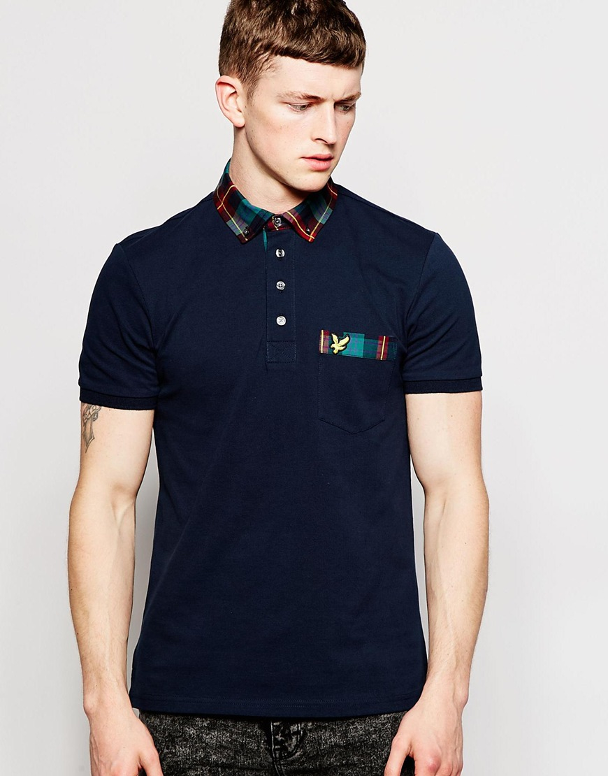 Lyle & Scott Polo Shirt With Tartan Collar in Navy (Blue) for Men - Lyst