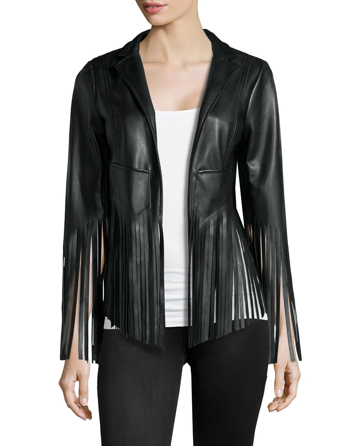 Vakko Faux-Leather Fringe Jacket in Black | Lyst