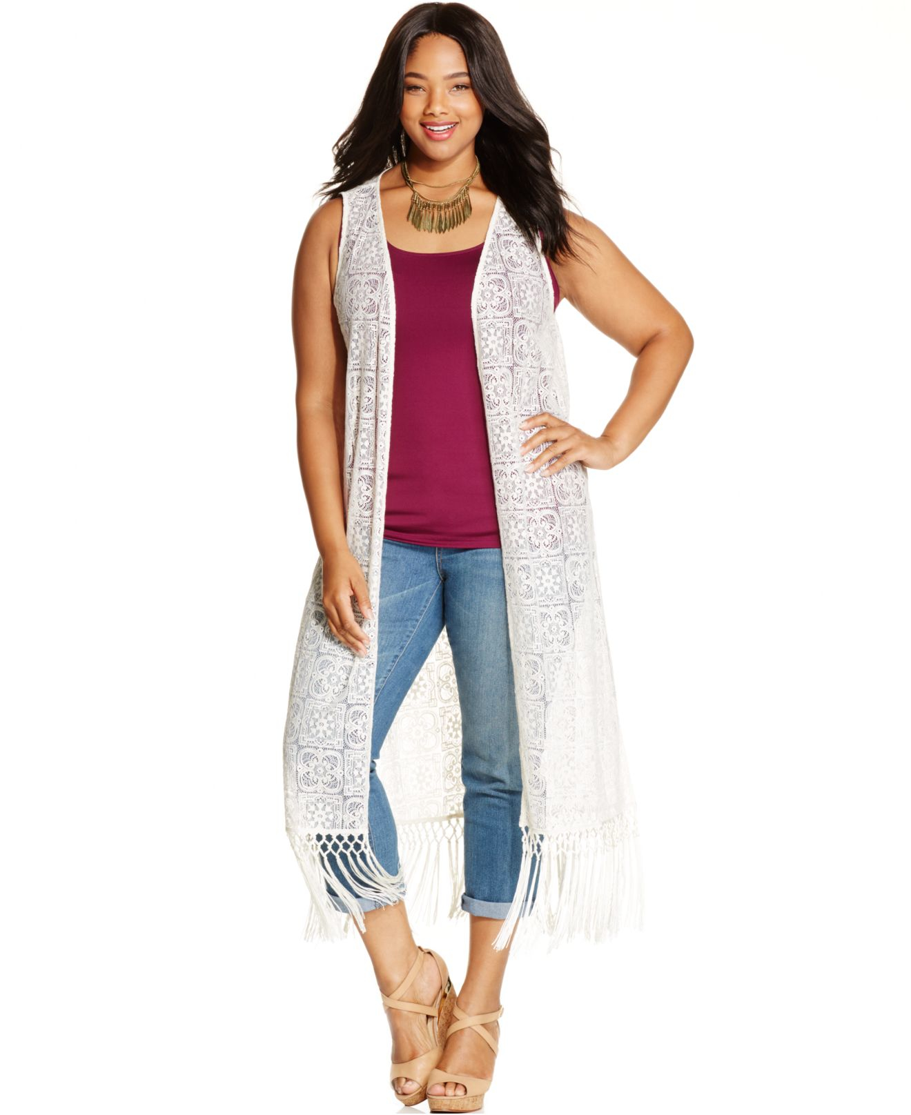 Jessica Simpson Plus Size Sleeveless Fringed Duster Cardigan in Natural |  Lyst
